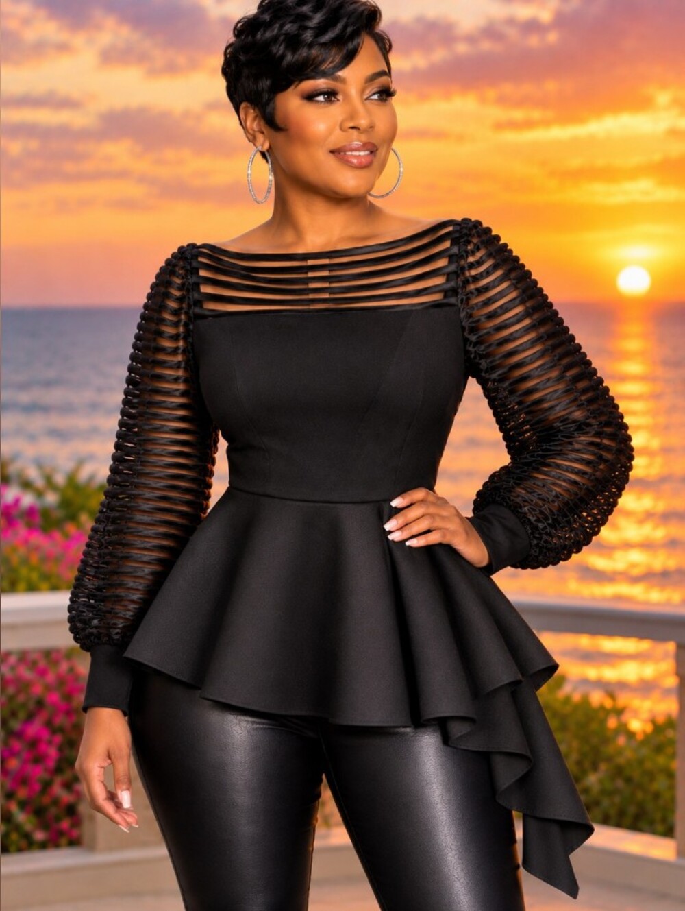 Aomei Black Sheer-Sleeve Peplum Top with Side Tail 2xl